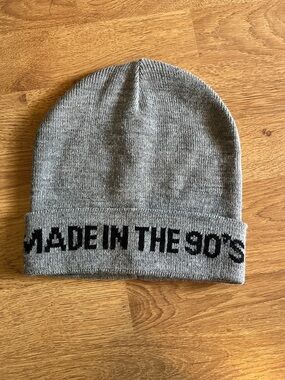 Gray Knit Beanie with 'MADE IN THE 90'S' Black Lettering